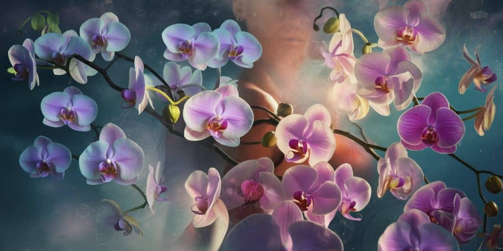 Dreamlike image of a person surrounded by floating, glowing orchid blooms with subtle symbols in the background, representing the interpretation of orchid-related spiritual experiences.