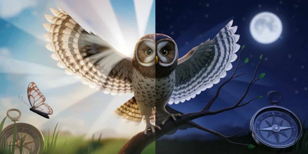 Split-screen image showing an owl in flight during day and perched at night, with symbols of transformation and intuition in the background
