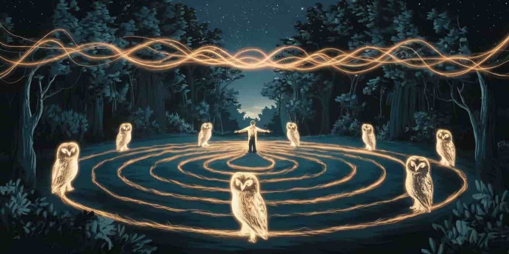 Nighttime forest labyrinth with hooting owl silhouettes, their calls forming a wisdom tapestry guiding a person at the center.