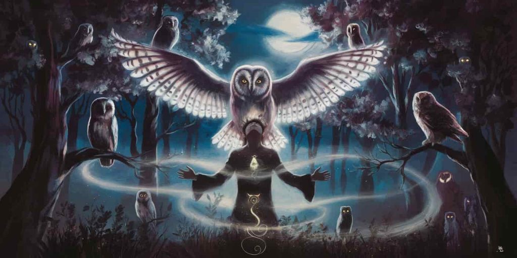A person stands in a moonlit forest at night, their silhouette blending with owl features. A large, translucent owl spirit emerges from them, surrounded by multiple owls perched and flying, with glowing eyes visible in the darkness.