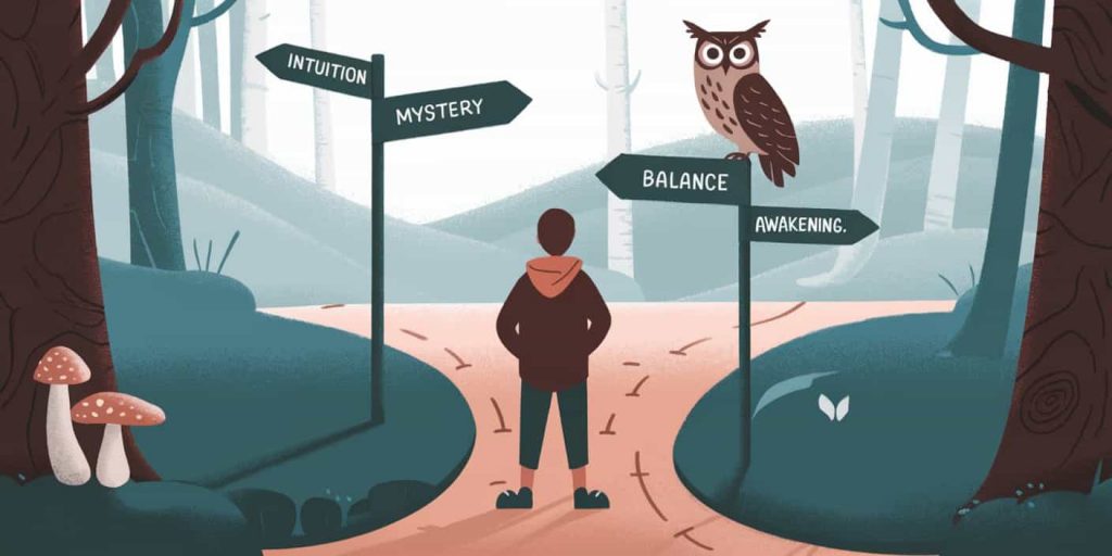 Person at a forest crossroads with an owl on a multi-directional signpost, symbolizing spiritual guidance and life choices