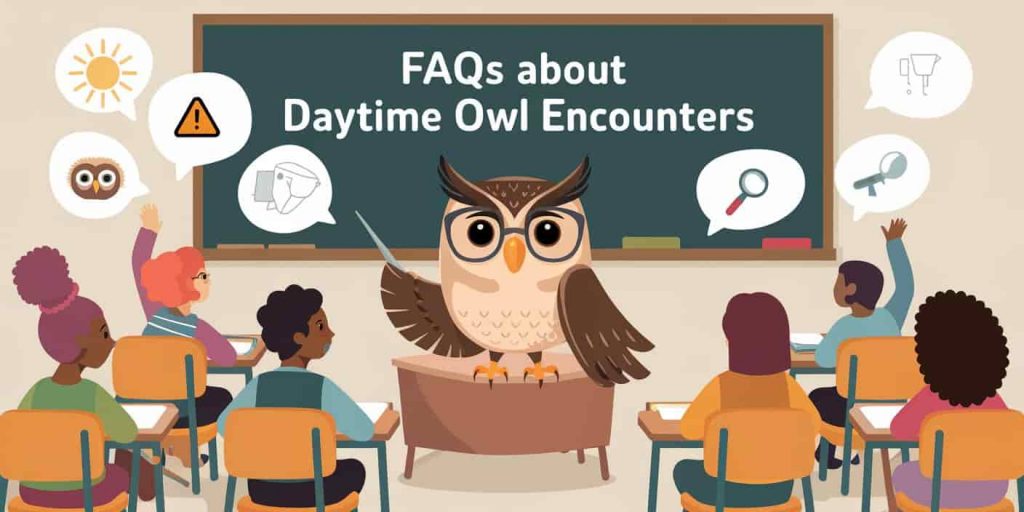 Classroom scene with an owl teacher answering questions from eager students about daytime owl sightings, surrounded by thought bubbles illustrating FAQ topics