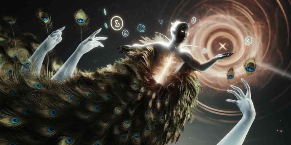 A 3D Ukiyo-e-style illustration of a person emerging from a peacock feather cocoon, with a glowing inner light, surrounded by symbols of growth and a spiraling vortex of energy with ethereal hands offering feathers.