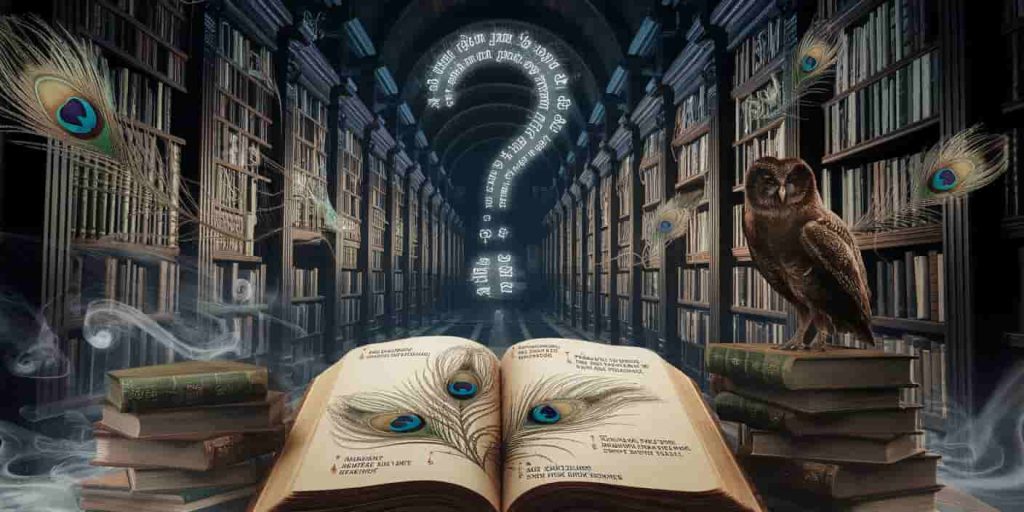 A 3D Ukiyo-e-style illustration of an ancient library with floating peacock feather quills writing glowing questions, a wise owl, and an open book with peacock feather illustrations, set against a misty background with faint topic-related images.