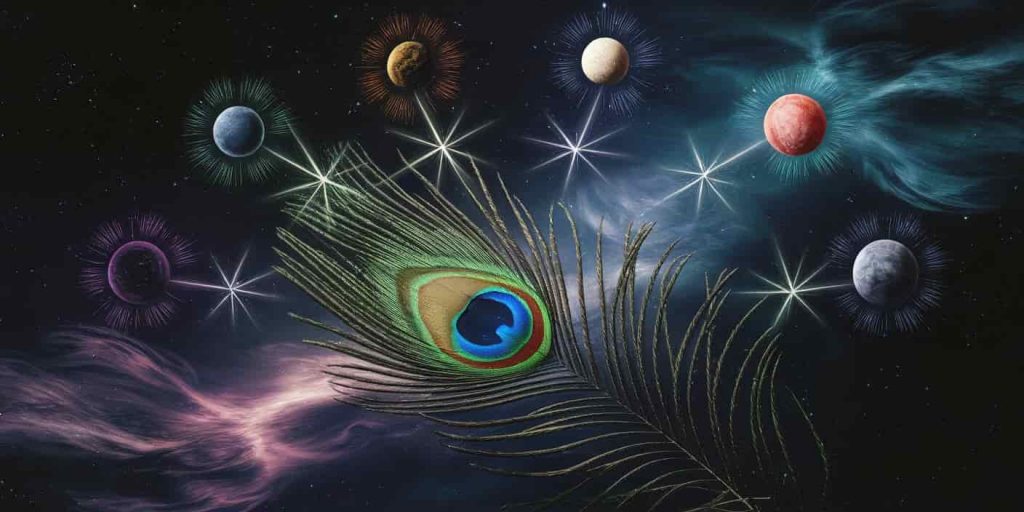 A 3D Ukiyo-e-style image of a glowing peacock feather in a starry sky, surrounded by seven celestial bodies representing different spiritual meanings, with swirling nebulas in the background.
