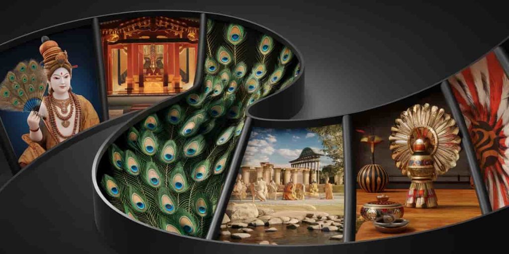 A 3D Ukiyo-e-style illustration divided into four cultural scenes featuring peacock feathers in Hindu, Buddhist, Greek, and Native American contexts, connected by a flowing river of iridescent feather patterns.