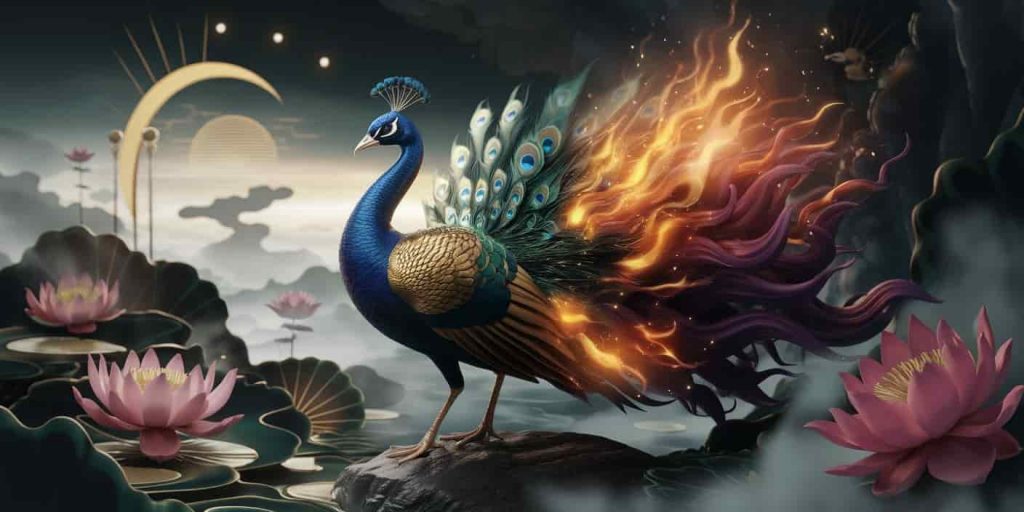 A 3D Ukiyo-e style image of a peacock transforming into a phoenix-like creature, surrounded by symbols of immortality and renewal in a mystical landscape, representing spiritual symbolism.