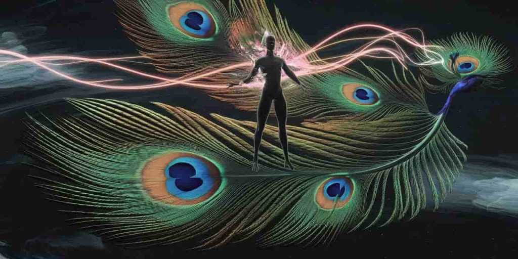 A 3D Ukiyo-e style image of a human silhouette standing on a giant peacock feather in the sky, connected to eye spots representing different realms, symbolizing spiritual growth and wisdom gained from peacock symbolism.