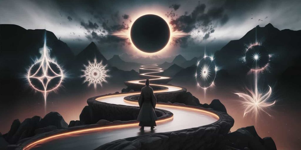 A Ukiyo-e-inspired dark fantasy 3D render of a person on a winding path leading to a solar eclipse, surrounded by ethereal symbols of spiritual growth