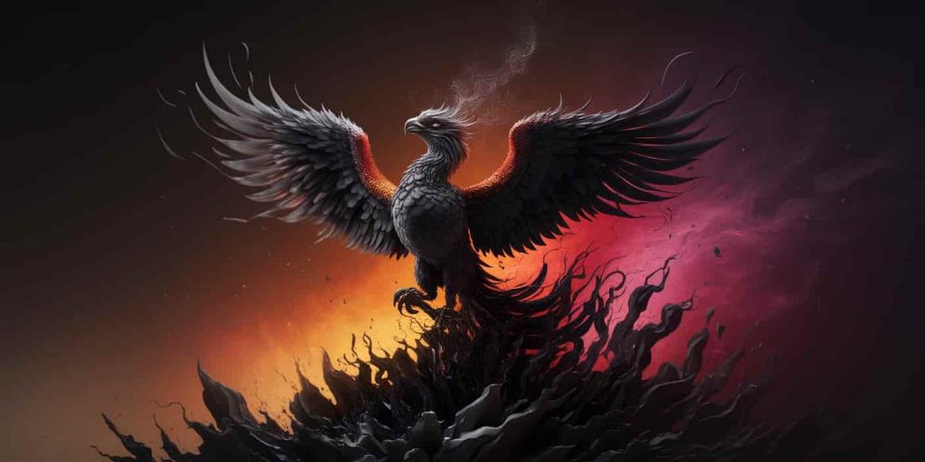 A phoenix rising from ashes with partially formed wings and trailing smoke, set against a background transitioning from dark ash to vibrant fire colors, symbolizing transformation and rebirth.
