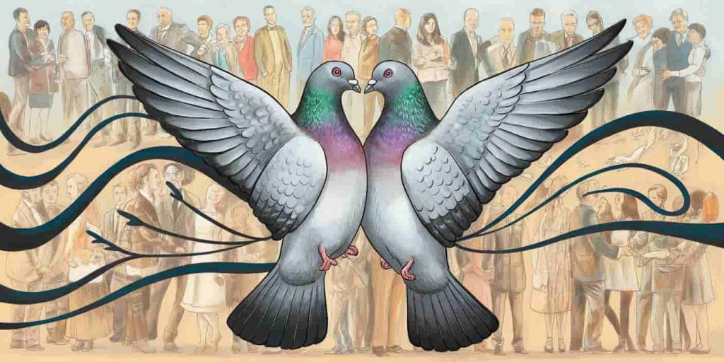 Two pigeons forming a heart shape, connected by flowing lines to human relationships in the background, illustrating the lesson of loyalty and commitment inspired by pigeons.