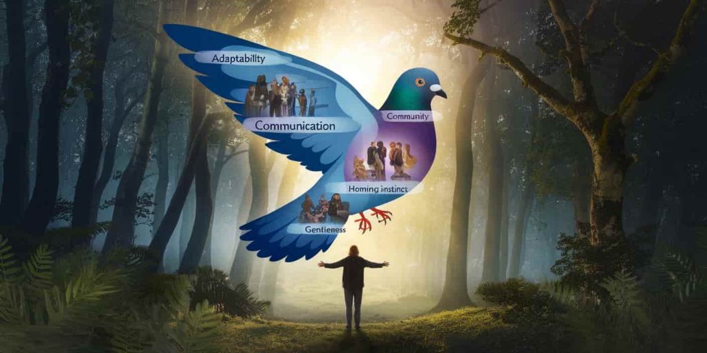 A mystical forest with a translucent pigeon spirit animal containing scenes of its traits, hovering above a person connecting with its energy, depicting the pigeon as a spiritual guide.
