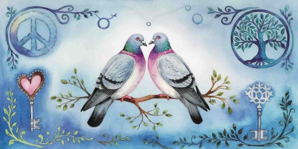 Two pigeons on a branch surrounded by cultural symbols and a transitioning background from earthly to celestial, illustrating the diverse spiritual meanings of pigeons.
