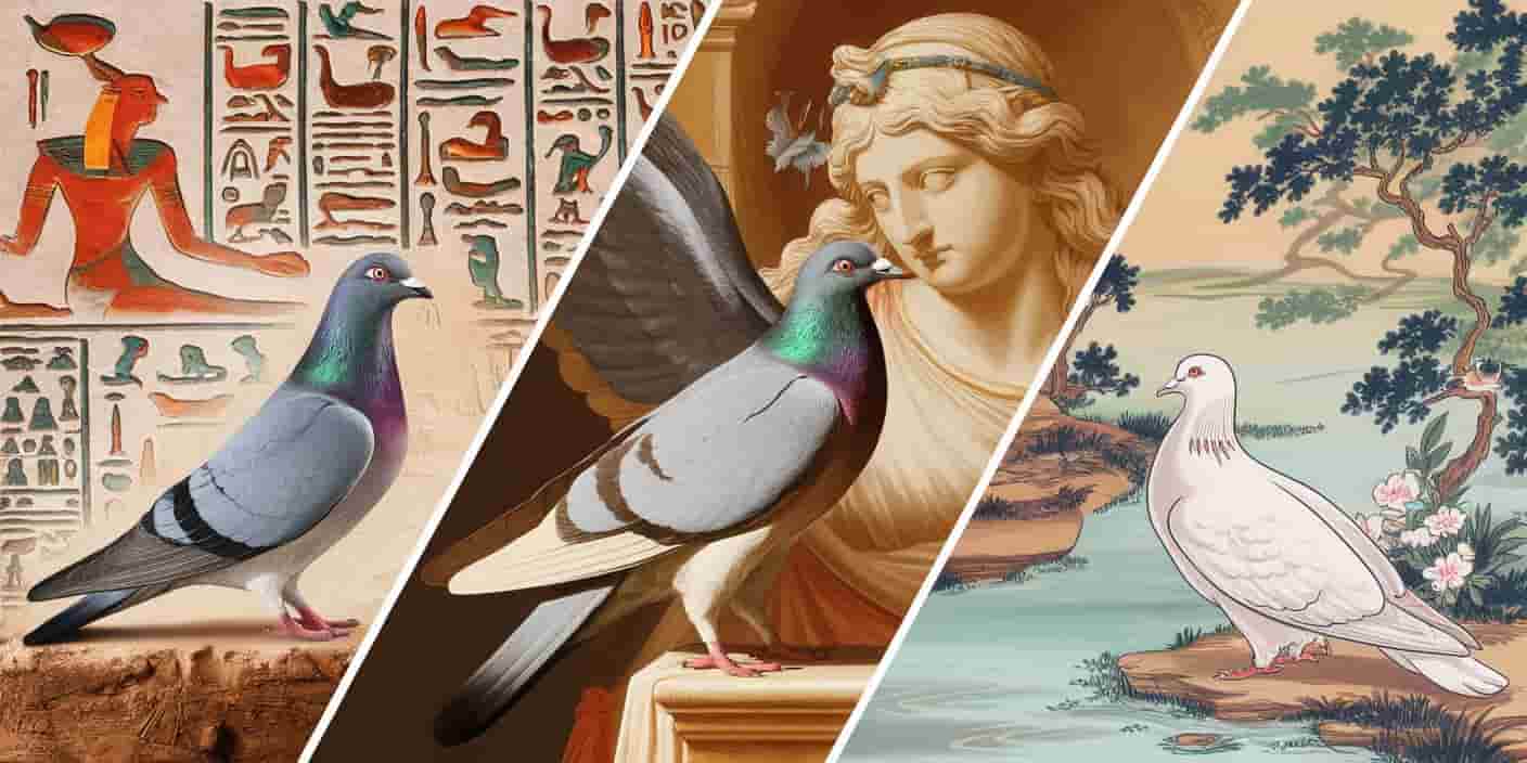 Triptych image showing pigeon symbolism in ancient Egyptian, Greco-Roman, and Eastern cultures, illustrating the bird's diverse spiritual significance across the world.
