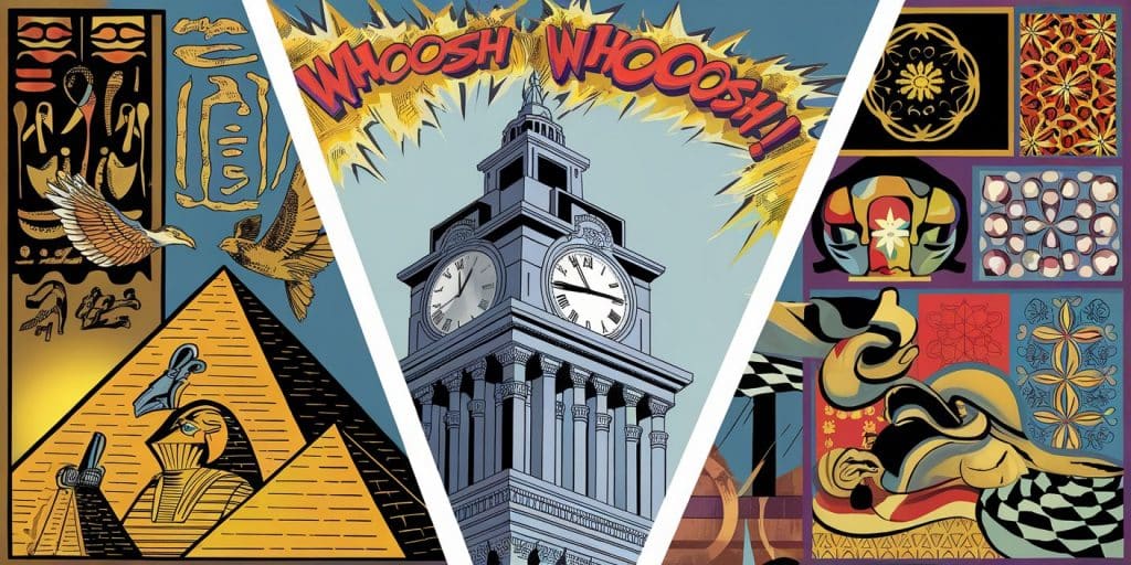 Pop art triptych showing stylized Egyptian, European, and Eastern representations of 3AM, connected by comic book star effects