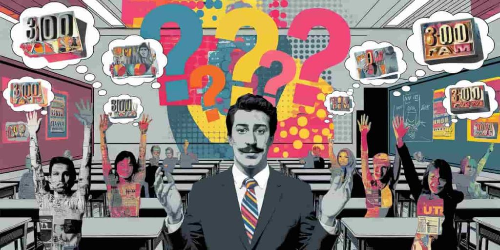 Pop art classroom scene with teacher, students raising hands, and question marks, featuring 3:00 AM text and FAQ-related imagery