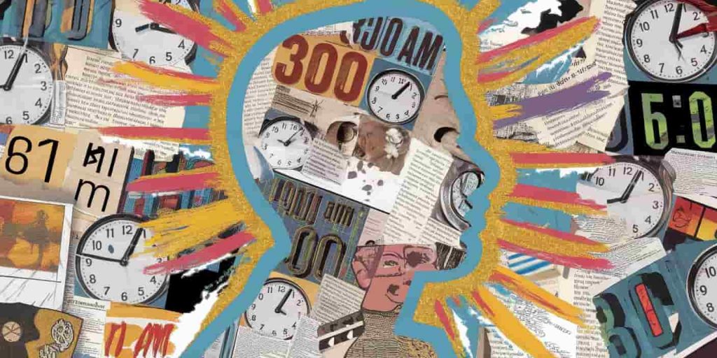 Pop art silhouette filled with retro clocks showing 3:00 AM, journal pages, and growth symbols, surrounded by bold paint stroke halo
