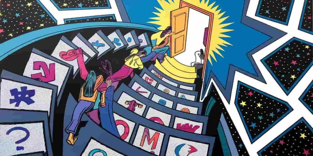 Pop art spiral staircase with labeled steps, 3:00 AM glowing doorway, and stylized figures, set against a star-patterned background