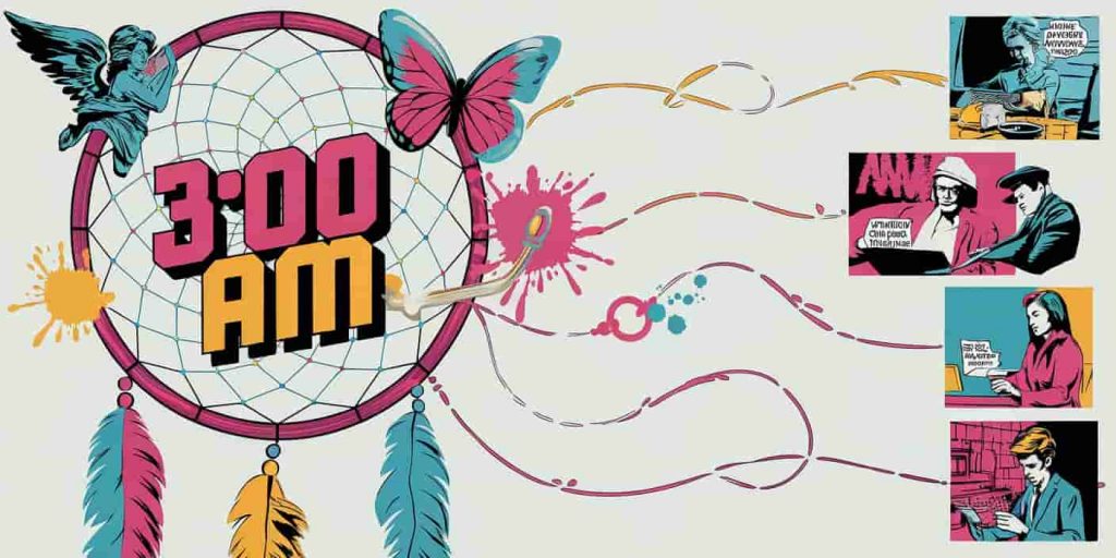 Pop art dreamcatcher with 3:00 AM center, surrounded by stylized spiritual symbols and connected to vignettes of people receiving messages