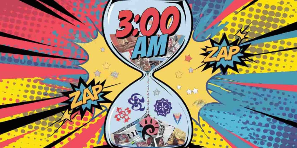 Pop art hourglass with 3:00 AM text and spiritual symbols, surrounded by Ben-Day dots and comic book effects, representing 3AM spiritual symbolism