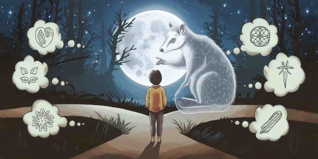 A person at a moonlit forest crossroads with a translucent possum spirit guide, surrounded by thought bubbles containing symbols of life lessons, representing spiritual messages from possum encounters.