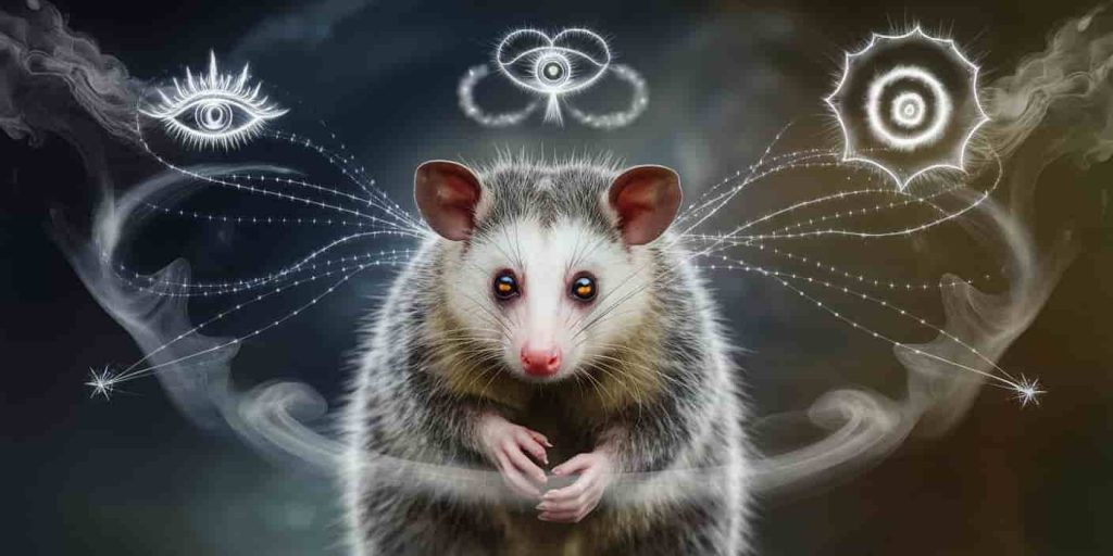 A mystical possum with glowing eyes surrounded by swirling mist forming intuitive symbols, with whiskers extending into antenna-like structures, representing heightened intuition and inner guidance.