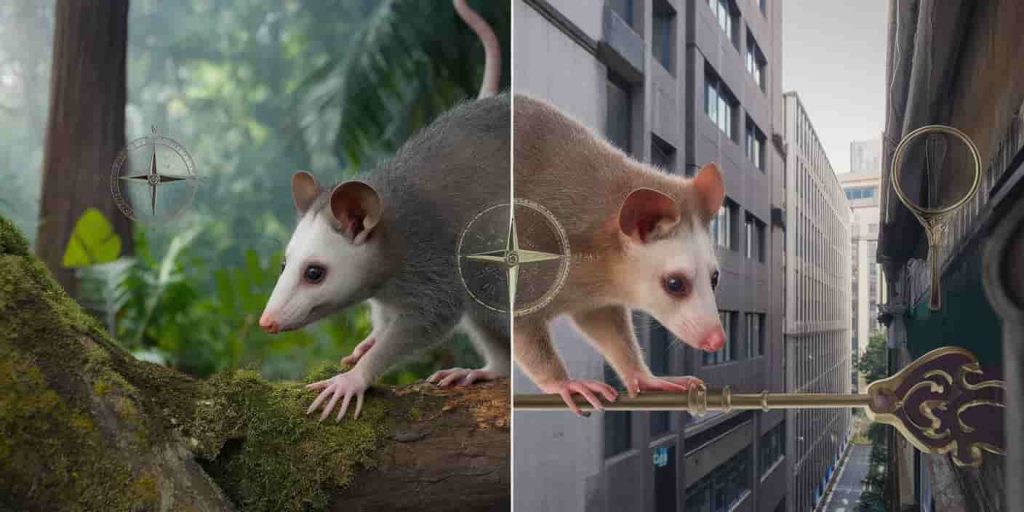A split image of a possum in natural and urban environments, surrounded by symbolic elements like a compass, mirror, and key, illustrating various spiritual meanings associated with possums.