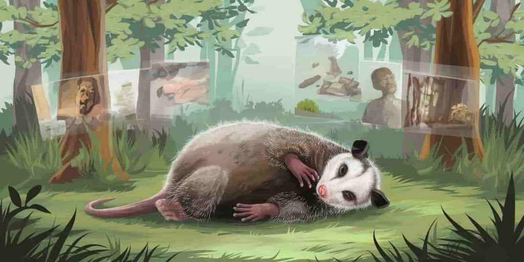 A possum playing dead in a serene forest, surrounded by translucent images of life scenarios benefiting from strategic retreat, illustrating the wisdom of non-action in certain situations.