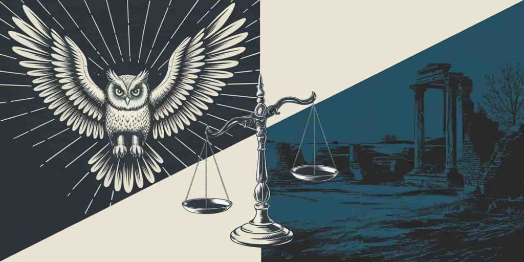 Split image showing an owl emanating light and a shadowy landscape with ruins, separated by a balance scale, representing prophetic symbolism