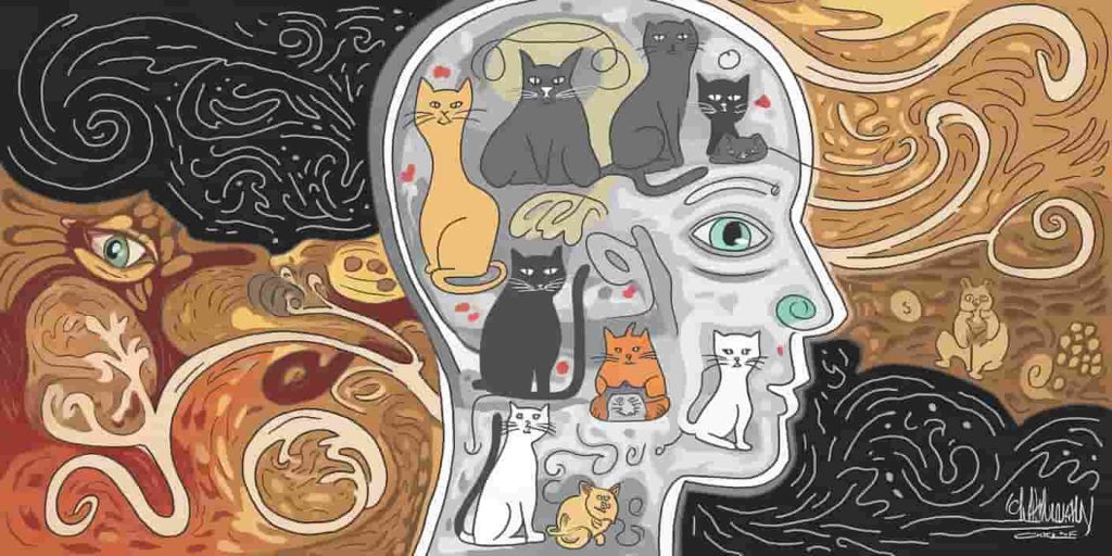 Human silhouette filled with dreamscape featuring various cats, representing psychological aspects of cat attack dreams