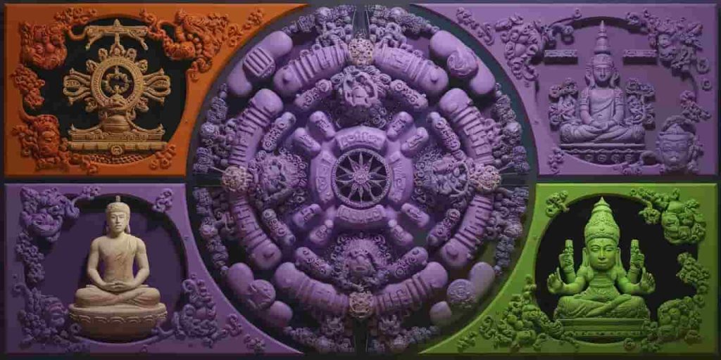 A purple mandala divided into four sections, each representing a different spiritual tradition with their unique symbols and imagery.