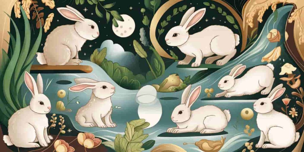 Serene landscape with rabbits, lush vegetation, flowing water, and moon imagery representing fertility, abundance, and intuition in rabbit symbolism
