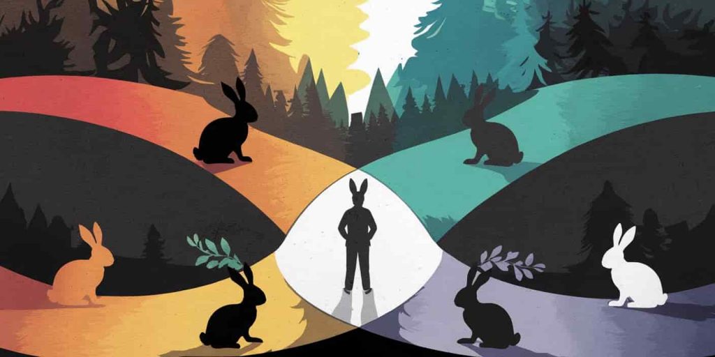 Person at crossroads with rabbit silhouettes guiding different paths representing creativity, courage, and intuition, color gradient symbolizing transformation