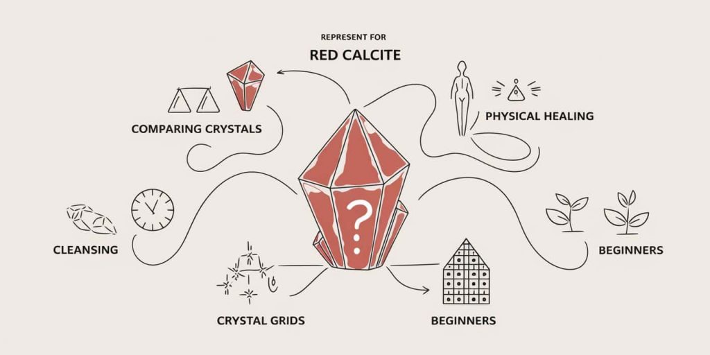 Image with five sections representing FAQs about red calcite, centered around a large crystal with connecting lines