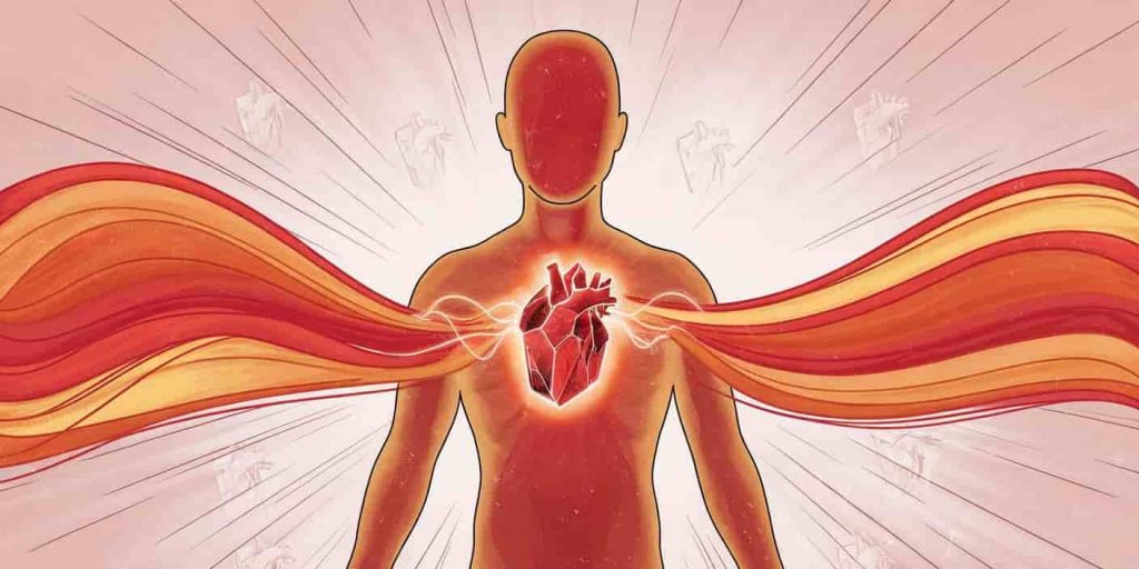 Visual representation of red calcite's healing benefits, showing its energy impact on the human body and overall well-being. Human silhouette with red calcite crystal over heart, energy waves spreading through body, surrounded by smaller crystals