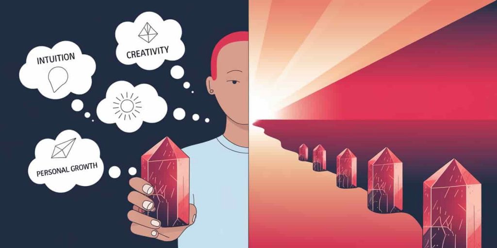 Split image of person holding red calcite with thought bubbles and a crystal-lined path leading to bright horizon. Illustrative representation of red calcite's influence on personal growth, intuition, and future path, showcasing its transformative power.