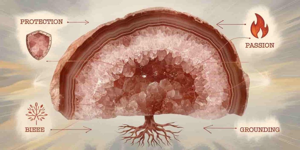 Intricate illustration of red calcite's internal structure and symbolic representation of its key properties and characteristics. cross-section of red calcite crystal surrounded by symbols representing its properties: shield, flame, and tree root