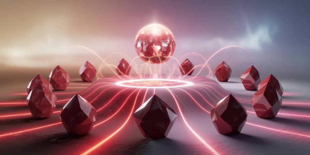 Multiple red calcite crystals arranged in a circle around a glowing spiritual energy orb, with visible energy waves connecting them, Visual representation of red calcite's spiritual symbolism and meanings, showcasing its connection to both earthly and higher realms.