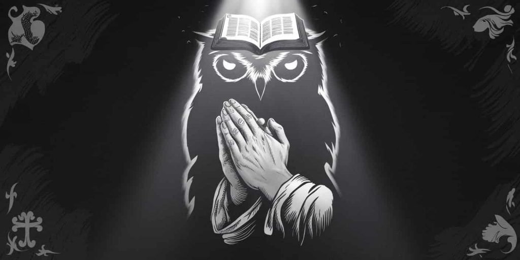 Praying hands forming an owl shape, with an open Bible and light beam above, surrounded by spiritual symbols