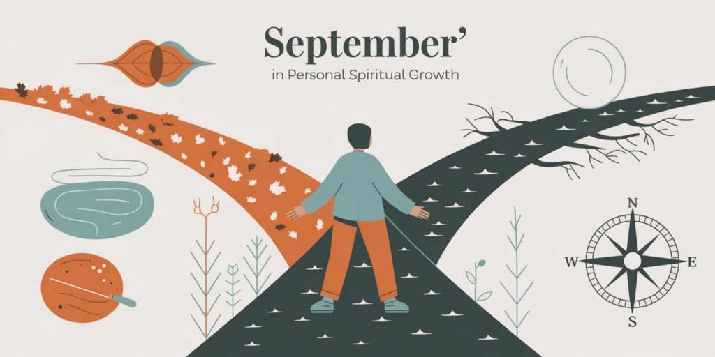 Person at crossroads with autumn and barren paths, surrounded by self-reflection symbols and elements of new beginnings