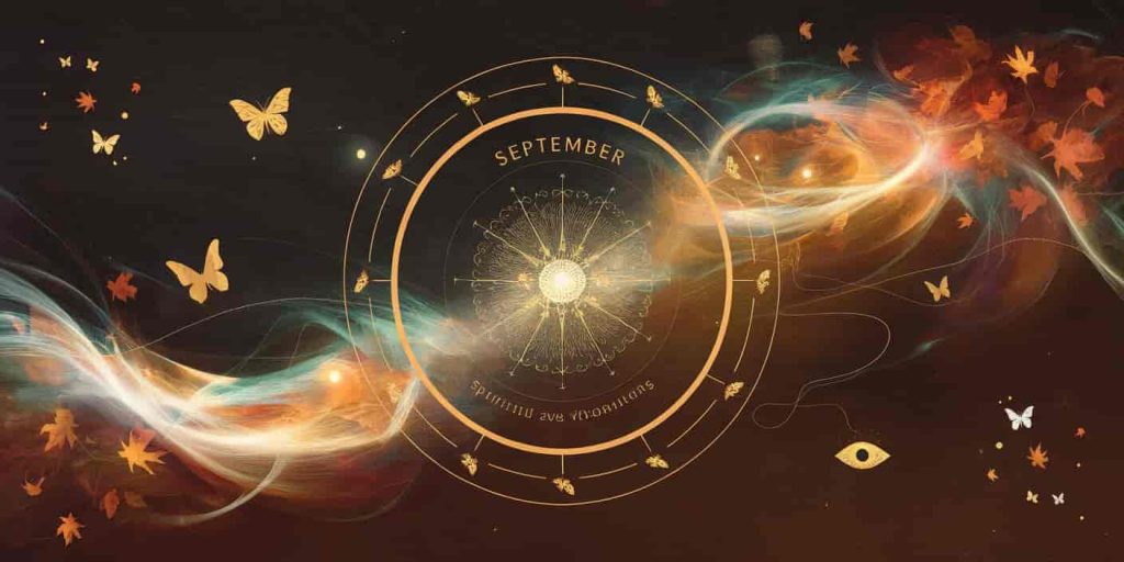 Abstract representation of September's spiritual energy with swirling autumn colors, transformation symbols, and intuition elements