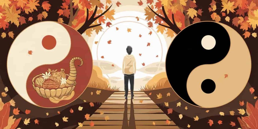 Reflective figure surrounded by symbols of change, gratitude, and balance with a path leading to a bright horizon