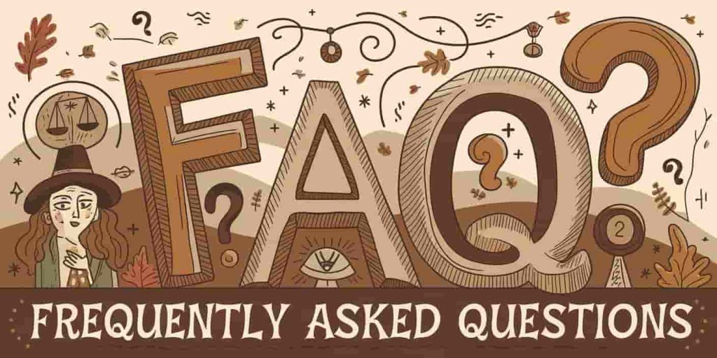FAQ display with question marks, curious figures, and September spirituality symbols in autumn colors