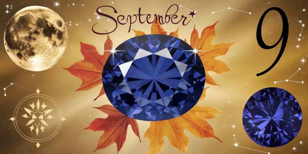 Collage of September spiritual symbols including sapphire, harvest moon, autumn leaves, and the number 9 with starry background