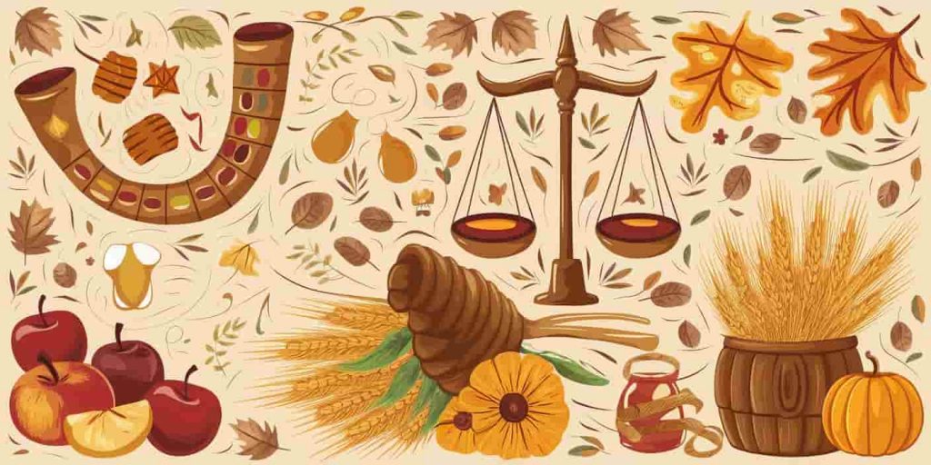 September spiritual celebrations depicted with Rosh Hashanah symbols, autumn equinox scales, and harvest festival elements