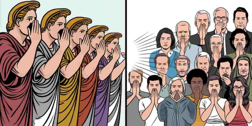 Split-screen image contrasting ancient and modern cultural interpretations of sneezing, illustrating diverse spiritual meanings.
