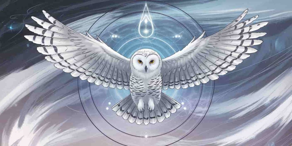 A snowy owl in flight surrounded by swirling ethereal energy patterns and symbols representing wisdom, purity, and transformation, using a palette of whites, blues, and soft purples.