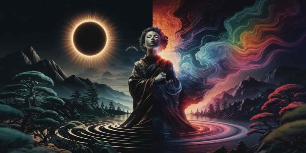 A Ukiyo-e-inspired dark fantasy 3D render split between a solar eclipse and a transforming figure, connected by vibrant colors and spiritual symbols