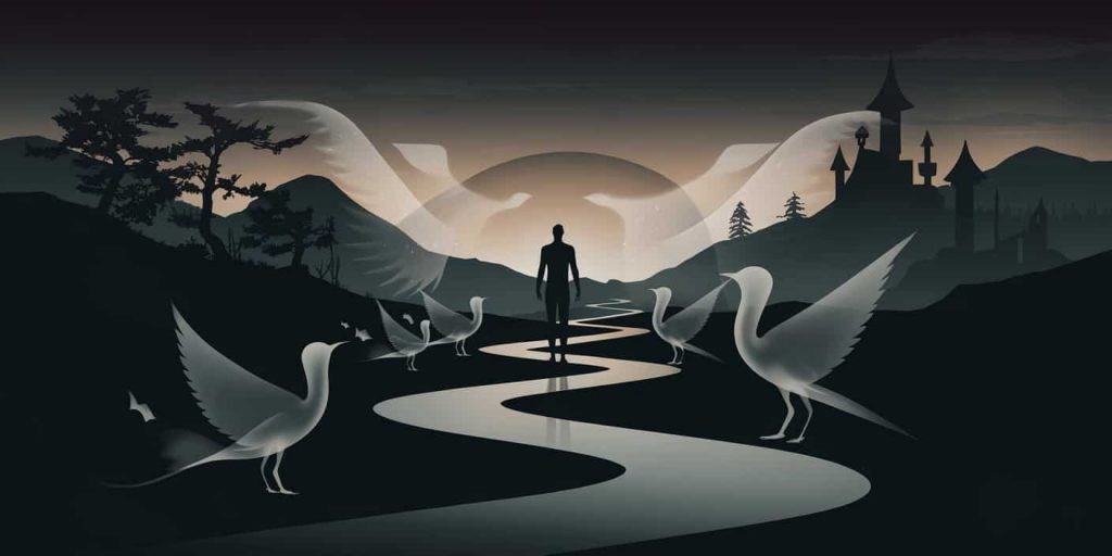 A human silhouette on a winding path leading to the horizon, with ethereal, transparent bird shapes of varying sizes along the way, symbolizing stages of spiritual growth and reflection.