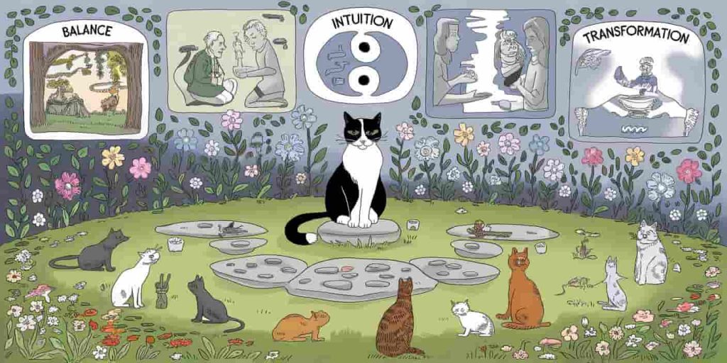 Black and white cat in a symbolic garden, teaching spiritual lessons to animals and humans